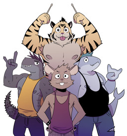 5_fingers anthro armpit_hair band belly black_stripes body_hair bottomwear bracelet brown_body brown_hair buckteeth clothing devil_horns_(gesture) drumstick_(musical) ear_piercing fin fingers front_view fur gesture green_hair grey_body group hair hand_gesture hands_on_hips holding_musical_instrument holding_object jewelry looking_at_viewer male mouth_piercing muscular musical_instrument nipples notched_ear overbite pants pecs piercing raised_arm shirt simple_background smile smiling_at_viewer spiked_bracelet spiked_tail spikes spikes_(anatomy) stripes tail tail_fin tank_top teeth tongue tongue_out topwear torn_bottomwear torn_clothing torn_pants whiskers white_background yellow_body yellow_fur t0l0k fernando_(t0l0k) isaac_(t0l0k) jim_(t0l0k) manu_(t0l0k) aquatic felid fish iguana iguanid lizard mammal mouse murid murine pantherine reptile rodent scalie shark tiger 2024 digital_media_(artwork) hi_res