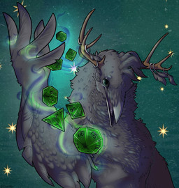 5_fingers anthro antler_ring antlers beak black_body black_feathers black_tongue brown_antlers dice feathers fingers green_background grey_beak grey_eyes horn looking_at_viewer male open_beak open_mouth rictal_bristles ring simple_background solo tongue owliellder mythology avian bird corvid corvus_(genus) crow oscine passerine hi_res