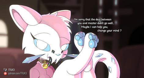 anthro female fur looking_at_viewer paws smile solo suggestive text white_body white_fur ttux3 nintendo pokemon misuri_(ttux3) chien-pao generation_9_pokemon legendary_pokemon pokemon_(species) absurd_res english_text hi_res url