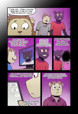 anthro black_body black_fur bodily_fluids brown_hair clothing crying cute_fangs dialogue electronics eye_contact fangs female flashback frown fur grey_clothing grey_shirt grey_topwear group hair happy looking_at_another looking_at_object looking_at_phone male phone red_clothing red_shirt red_topwear round_ears sad shirt six_frame_image smile speech_bubble t-shirt tears teeth text texting topwear trio video_call whiskers yellow_body t0l0k scott_(t0l0k) unnamed_character felid lion mammal pantherine comic english_text hi_res