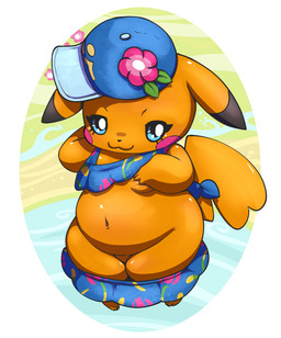 anthro black_ear_tips black_nose blue_eyes breast_squish breasts closed_smile clothed clothed_female clothing dipstick_ears ear_markings featureless_crotch feet female female_anthro fingers glistening glistening_body glistening_eyes hat headgear headwear looking_at_viewer mouth_closed multicolored_ears navel partially_clothed partially_clothed_anthro partially_clothed_female slightly_chubby small_nose smile solo squish swimwear swimwear_down tail toes lkiws nintendo pokemon ms._wavychu generation_1_pokemon pikachu pokemon_(species) 2026 digital_media_(artwork) hi_res
