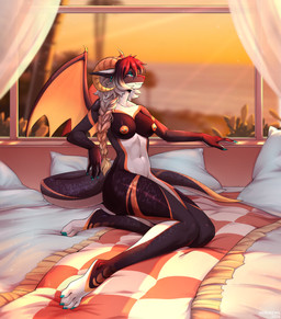 anthro areola barbell_piercing bed biped breasts claws countershade_torso countershading ear_piercing feet female fingers front_view furniture hair horn inside navel nipple_barbell nipple_piercing nipples nude nude_anthro nude_female piercing pillow plant sitting sky smile solo tail toes tree water window wings mergremil mythology dragon mythological_creature mythological_scalie scalie 2026 digital_drawing_(artwork) digital_media_(artwork) hi_res