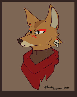 age_difference anthro border brown_body brown_fur facial_markings female fur head_markings markings older_female piercing red_border solo solo_focus paradoxampharos laika_aged_through_blood laika_(laika_aged_through_blood)