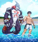 abs anthro armor balls beach casual_nudity censor_bar censored_genitalia censored_penis chest_markings clock clothing duo eyewear gauntlets genitals glasses gloves handwear headgear helmet helmet_over_eyes hidden_eyes ineffective_censorship male male/male markings muscular muscular_male nude nude_male partially_submerged pecs penis shoulder_pads skinny_dipping swimwear vein veiny_penis watch wristwatch pendoraaaa1 bandai_namco digimon digidestined digimon_(species) human mammal strikedramon censored hi_res