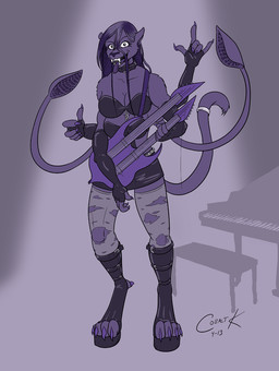 4_arms 4_breasts after_transformation anthro back_tentacles boots bottomwear bra breasts chain clothed clothing collar devil_horns_(gesture) double-neck_guitar electric_guitar female footwear fully_clothed gesture grand_piano guitar hair hand_gesture keyboard_instrument multi_arm multi_breast multi_limb multifur musical_instrument piano plucked_string_instrument purple_hair shoes skirt solo string_instrument tentacles tongue tongue_out torn_clothing underwear cobalt_k dungeons_and_dragons hasbro wizards_of_the_coast displacer_beast felid mammal
