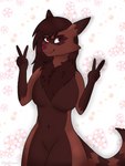 anthro big_breasts breasts brown_body brown_fur brown_hair cherry_blossom chest_tuft eye_scar facial_scar featureless_breasts featureless_crotch female flower fur gesture hair hand_gesture long_hair markings multicolored_body multicolored_fur navel pink_nose plant prunus_(flower) red_eyes ring_(marking) ringed_tail scar smile solo striped_markings striped_tail stripes tail tail_markings thick_thighs tuft v_sign toxic_tragedy bandai_namco digimon kariatenma canid demon digimon_(species) mammal procyonid raccoon renamon 3:4 hi_res trans_(lore) trans_woman_(lore)