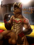 abs animal_genitalia anthro balls big_balls big_sheath dialogue genitals male muscular muscular_anthro muscular_male sheath sitting solo tattoo text erick_ahtanohj erick_ahtanohj_(character) canid canine mammal maned_wolf 3:4 english_text hi_res