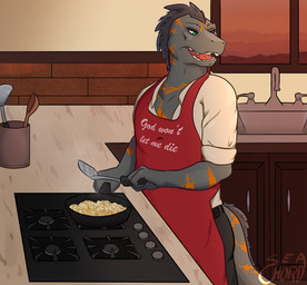 anthro apron clothed clothing cooking food fully_clothed green_eyes grey_body grumpy kitchen male multicolored_body multicolored_scales orange_body scales sharp_teeth solo stripes sunset teeth two_tone_body two_tone_scales seachord echo_(game) echo_(series) echo_project flynn_moore gila_monster helodermatid lizard reptile scalie 2020