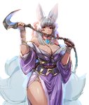 asian_clothing beaded_jewelry beaded_necklace beads big_breasts breasts chain cleavage clothed clothing east_asian_clothing female grey_hair hair japanese_clothing jewelry kimono magatama melee_weapon multi_tail necklace obi off_shoulder red_eyes simple_background tail weapon white_background bow_(artist) animal_humanoid canid canid_humanoid canine canine_humanoid fox_humanoid humanoid mammal mammal_humanoid 2020