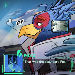 anthro beak blue_body blue_feathers clothing dialogue feathers flying green_eyes jacket male text topwear yellow_beak acemacn nintendo star_fox falco_lombardi avian bird 1:1 digital_drawing_(artwork) digital_media_(artwork) english_text hi_res