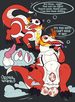 animal_genitalia animal_penis anthro aroused balls belly big_belly bodily_fluids clothing dialogue egg erection female fire gender_transformation genital_fluids genitals growth interspecies knot looking_at_viewer mid_transformation mtf_transformation navel non-mammal_balls non-mammal_vulva open_mouth orifice_tugging oviposition penetration penis pink_vulva pokephilia potion potion_bottle pregnant shirt simple_background smile solo species_transformation tail tail_growth text topwear transformation transformation_potion transformation_sequence vaginal vaginal_penetration vaginal_tugging vulva kiri-anko nintendo pokemon generation_9_pokemon pokemon_(species) scalie skeledirge absurd_res comic english_text hi_res sequence