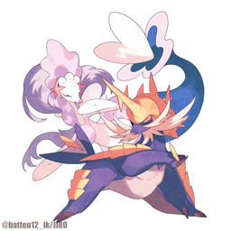 ambiguous_gender blue_body blue_eyes blue_hair claws duo eyelashes feral gem hair looking_at_viewer narrowed_eyes open_mouth orange_eyes pearl_(gem) simple_background split_form starfish_(accessory) tongue white_body batten12 nintendo pokemon aquatic asterozoan echinoderm generation_5_pokemon generation_7_pokemon pokemon_(species) primarina samurott starfish 1:1 2026 hi_res signature
