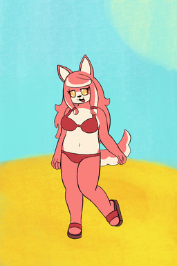 anthro beach bikini clothing female footwear fur hair happy long_hair looking_at_viewer outside pink_body pink_fur pink_hair sandals shoes solo standing swimwear two-piece_swimsuit ticklebunny sega sonic_the_hedgehog_(series) the_murder_of_sonic_the_hedgehog conductor's_wife_(sonic) canid canine canis domestic_dog mammal 2:3 absurd_res hi_res
