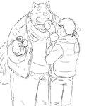 anthro bottomwear bread clothing duo eyes_closed food human_on_anthro interspecies kemono male male/male overweight overweight_male pants scarf shirt simple_background sweater topwear white_background mtmnkmn125 canid canine canis domestic_dog human mammal 1:1 2022 hi_res monochrome