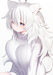 ahoge breasts clothed clothing female fur grey_hair hair long_hair looking_at_viewer purple_eyes ribbed_clothing ribbed_sweater simple_background solo sweater topwear translucent translucent_hair mofuaki animal_humanoid canid canid_humanoid canine canine_humanoid humanoid mammal mammal_humanoid 2018 hi_res