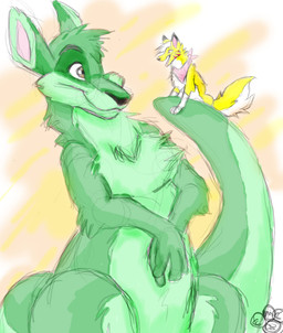 ambiguous_gender black_nose brown_eyes duo extreme_size_difference eye_contact feral fur green_body green_fur head_tuft kerchief looking_at_another neckerchief neckwear open_mouth open_smile pink_kerchief pink_neckerchief size_difference smile smile_lines tail tuft white_body white_fur yellow_body yellow_fur blondefoxy duncan_roo lucky_(blondefoxy) canid canine canis coyote kangaroo macropod mammal marsupial 2008 colored_sketch digital_drawing_(artwork) digital_media_(artwork) shaded sketch