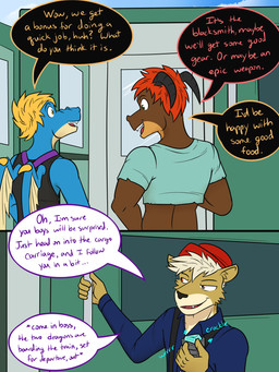 2_horns 2_panel_comic 5_fingers anthro black_clothing black_horn black_nose black_shirt black_topwear blonde_hair blue_body blue_skin brown_body brown_skin clothed clothing cloud crop_top day dialogue door ellipsis fingers fully_clothed fur green_clothing green_eyes green_shirt green_topwear group hair hat headgear headwear holding_bar holding_onto holding_onto_bars horn looking_at_another magic male membrane_(anatomy) membranous_wings multicolored_body multicolored_skin outside overalls purple_clothing purple_overalls question_mark railcar rear_view red_clothing red_eyes red_hair red_hat red_headwear shirt short-sleeve_shirt sinister_smile sky smile smirk speech_bubble tan_body tan_fur tan_skin teeth text tongue topwear torn_clothing torn_shirt torn_topwear train trio two_tone_body two_tone_skin vehicle white_hair window wings yellow_eyes fuze european_mythology mythology magma_(fuze) sharp_(fuze) ambiguous_species canid dragon mammal mythological_creature mythological_scalie scalie western_dragon 2024 3:4 comic english_text hi_res multiple_scenes