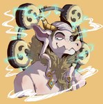 anthro ear_expansion ear_piercing electricity expansion horn long_ear_lobes male piercing smile smirk solo tomoe_(symbol) elishiia mythology one_piece enel dragon mythological_creature mythological_scalie scalie