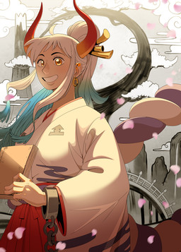2_horns 5_fingers asian_clothing bangs bent_arm black_eyebrows blue_hair book clothed clothed_female clothed_humanoid clothing cloud cuff_(restraint) cuffed_wrists curved_horn ear_piercing east_asian_clothing eyebrows eyelashes female fingers grey_sky grin grinning_at_viewer hair holding_book holding_object horn japanese_clothing kimono light lips long_hair looking_at_viewer mountain not_furry orange_eyes outside petals piercing plant ponytail red_horn restraints sky smile smiling_at_viewer solo tan_lips thick_bottom_lip toothy_grin tree white_clothing white_hair white_kimono inkarat_mittongtare one_piece yamato_(one_piece) horned_humanoid humanoid 2026 absurd_res clip_studio_paint_(artwork) colored digital_drawing_(artwork) digital_media_(artwork) english_description hi_res lighting shaded
