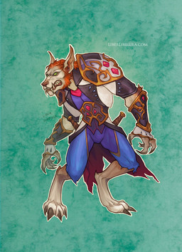 anthro armor biped claws clothed clothing dagger fur hair male melee_weapon pauldron simple_background snarling solo standing teeth text toe_claws weapon liberlibelula_(artist) blizzard_entertainment warcraft canid mammal werecanid werecreature worgen hi_res signature url