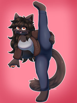 anthro black_body black_fur black_hair bomber_jacket bottomwear breasts clothing female fur green_eyes hair jacket long_hair medium_breasts pants pawpads paws solo stretching topwear alister_ik isabelle_(solidsnuck) bombay_cat domestic_cat felid feline felis mammal absurd_res hi_res