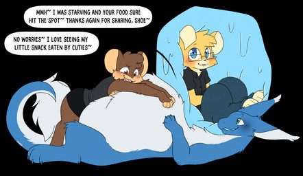abdominal_bulge anthro black_background black_bottomwear black_clothing black_shirt black_shorts black_topwear blue_body blue_bottomwear blue_clothing blue_eyes blue_fur blue_insides blue_pants blush bottomwear brown_body brown_eyes brown_fur buckteeth claws clothing dialogue dipstick_ears ear_markings endosoma eyebrows eyewear female finger_claws fur glasses green_eyes group inside_stomach internal lying lying_on_another male male_prey multicolored_ears name_in_dialogue on_back open_mouth oral_vore pants raised_eyebrows safe_vore shirt shorts simple_background smile speech_bubble tail tail_tuft tan_body tan_fur teeth text tilde_after_text toe_claws topwear trio tuft vore wearing_glasses white_body white_fur yellow_body yellow_fur shoelace_(artist) mythology lace_(shoelace) shoe_(shoelace) dragon furred_dragon furred_scalie mammal mouse murid murine mythological_creature mythological_scalie rodent scalie english_text signature