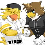 anthro beak belt black_clothing black_shirt black_topwear bottomwear clothed clothing duo eyes_closed feather_tuft feathers fist_bump fully_clothed gesture gloves handwear male mascot monotone_beak multicolored_body multicolored_clothing multicolored_feathers multicolored_shirt multicolored_topwear muscular muscular_male open_beak open_mouth orange_beak shirt tail topwear tuft two_tone_body two_tone_clothing two_tone_feathers two_tone_shirt two_tone_topwear white_body white_bottomwear white_clothing white_feathers white_gloves white_handwear white_topwear yellow_beak yellow_body yellow_clothing yellow_feathers yellow_shirt yellow_tail yellow_topwear chikuwabu fukuoka_softbank_hawks nippon_professional_baseball harry_hawk herculy_hawk accipitrid accipitriform avian bird 1:1