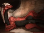 animal_genitalia balls black_body black_horn black_scales feathers feral fur genitals horn male mane red_body red_scales scales sheath solo ventral_scales white_body white_feathers white_fur white_mane rakess mythology dragon mythological_creature mythological_scalie scalie hi_res