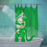 1:1 5_fingers absurd_res alligator alligatorid anthro balls bathing bathroom bathtub bodily_fluids claws cregon crocodile crocodilian crocodylid dishka drapes eyes_closed fingers genital_fluids genitals green_body green_scales hand_on_penis hi_res humanoid_genitalia humanoid_hands humanoid_penis male male_peeing multicolored_body multicolored_scales nude peeing peeing_in_shower peeing_into_water penis reptile scales scalie shower_head showering soap soap_bubbles solo sponge standing steam suds teeth teeth_showing tile tile_wall two_tone_body two_tone_scales urine urine_stream wall_(structure) watersports wet white_body white_scales