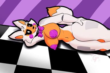 anthro black_eyes bow_tie breasts female fur hand_on_hip machine nipples orange_body orange_fur purple_nipples solo thick_thighs white_body white_fur gabegt five_nights_at_freddy's five_nights_at_freddy's_world scottgames lolbit_(fnaf) canid canine fox mammal robot 3:2 hi_res