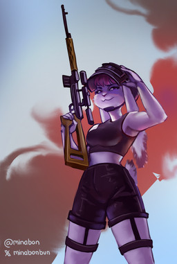 armor badass_woman bottomwear bra clothing dragunov_svd female fluffy fluffy_ears fluffy_tail gaming gun hair headgear helmet holding_gun holding_object holding_ranged_weapon holding_weapon looking_at_viewer outside ranged_weapon rifle scut_tail short_hair short_tail skirt smug smug_face sniper sniper_rifle solo sports_bra tail thick_thighs underwear weapon minabon jsc_kalashnikov_concern playerunknown's_battlegrounds lagomorph leporid mammal rabbit english_description hi_res