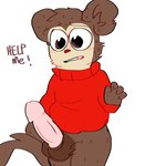 anthro balls blush bottomless bottomless_male clothed clothing genitals male penis scared solo sweater thick_penis thick_thighs topwear youtuber squishygator max_design_pro max_(max_design_pro) haplorhine mammal monkey primate 1:1 hi_res