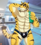 abs anthro beverage biceps big_muscles biped blush bottle bulge chest_tuft clothed clothing container eyebrows fur green_eyes hand_behind_head holding_bottle holding_container holding_object male markings muscular muscular_anthro muscular_male nipples one_eye_closed pecs sharp_teeth smile soda solo speedo standing stripes swimming_pool swimwear teeth thick_eyebrows topless tuft water wink cuson morenatsu torahiko_(morenatsu) felid mammal pantherine tiger 2013