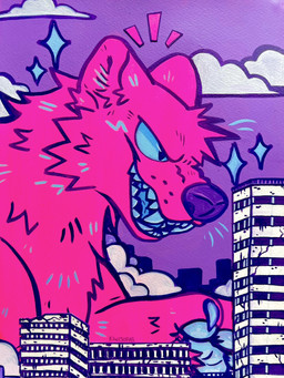 ambiguous_gender anthro blue_teeth building city cityscape cloud extreme_size_difference macro modern_architecture neon outside paws pink_body property_damage purple_sky size_difference sky skyscraper teeth kiwisodas gulonine kaiju mammal marten mustelid musteline 2026 hi_res painting_(artwork)