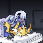 anthro bed bedding blanket blush breasts claws duo female female/female furniture hair holding_cheek nipples on_partner romantic romantic_ambiance nat-cha nintendo pokemon eeveelution generation_1_pokemon generation_5_pokemon jolteon pokemon_(species) samurott 1:1 hi_res