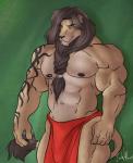 abs amber_eyes anthro biceps big_muscles biped black_hair bottomwear braided_hair brown_body brown_fur clothed clothing fur hair loincloth male mane muscular muscular_anthro muscular_male nipple_piercing nipples pecs piercing pose solo standing tan_body tan_fur tattoo topless icewolf barta felid lion mammal pantherine 2014