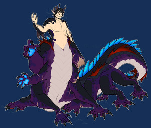 10_legs black_body black_claws black_scales blue_spikes claws fin finger_claws horn male markings missing_arm multi_leg multi_limb pale_scales pawpads paws purple_body purple_markings raised_paw red_fin scales scar simple_background smile solo spikes spikes_(anatomy) tan_body tan_scales transparent_background puppetmaster13uwu jujutsu_kaisen mythology toji_fushiguro dragon dragon_taur mythological_creature mythological_scalie salamander_dragon scalie taur alpha_channel