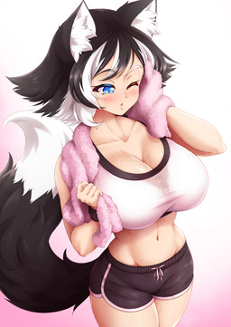 big_breasts black_body black_fur black_hair blue_eyes bodily_fluids bottomwear breasts building clothing dipstick_hair dipstick_tail exercise exercise_clothing eyebrows female fur hair holding_object hotpants markings one_eye_closed shirt shorts simple_background solo sweat sweatdrop sweaty_face tail tail_markings topwear tower white_body white_clothing white_eyebrows white_fur white_hair white_shirt white_topwear mazume kat_(mazume) animal_humanoid canid canid_humanoid canine canine_humanoid cat_humanoid felid felid_humanoid feline feline_humanoid fox_humanoid humanoid mammal mammal_humanoid hi_res