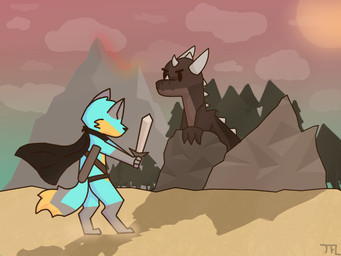 ambiguous_gender anthro blue_body blue_fur cape clothing duo feral forest fur male melee_weapon plant sunset sword tail tree volcano weapon litelikesart mythology lite_(litelikesart) canid canine dragon fox mammal mythological_creature mythological_scalie scalie digital_media_(artwork)