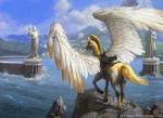 ambiguous_gender bridle cloud detailed_background feathered_wings feathers feral landscape outside realistic rear_view reins saddle sculpture sea sky solo spread_wings standing statue water wings john_severin_brassell hasbro magic:_the_gathering mythology wizards_of_the_coast equid equine mammal mythological_creature mythological_equine pegasus official_art