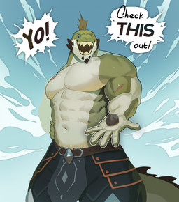 5_fingers abs anthro arm_scar armor barazoku belt big_muscles black_spikes blue_sclera chest_scar chin_spikes dialogue facial_spikes fingers frill_(anatomy) green_body hand_on_side head_crest head_frill holding_object jaw_spikes male muscular muscular_anthro muscular_arms muscular_male navel obliques open_hand open_mouth pecs rock scar sharp_teeth solo speech_bubble spiked_tail spikes spikes_(anatomy) tail talking_to_viewer tassets teeth text trapezius alexyz_kun dungeons_and_dragons hasbro wizards_of_the_coast erenok_(kilyion) lizardfolk_(dnd) lizardman scalie 2025 digital_media_(artwork) english_text hi_res portrait three-quarter_portrait