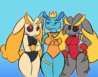 anthro blue_body blue_fur breasts clothing female fur grey_body grey_fur group long_ears orange_body orange_fur smug swimwear trio wide_hips sleepyly nintendo pokemon giragatr sleepy_(sleepyly) generation_4_pokemon lagomorph leporid lopunny mammal pokemon_(species) rabbit hi_res trans_(lore)