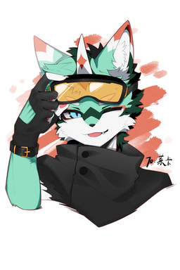 5_fingers anthro biped blue_eyes clothing eyewear eyewear_on_head fangs fingerless_gloves fingers fur gloves goggles goggles_on_head green_body green_fur handwear horn inner_ear_fluff kemono looking_at_viewer male multicolored_body multicolored_fur naughty_face naughty_smile one_eye_closed simple_background smile smiling_at_viewer solo teeth text tongue tongue_out tuft white_background white_body white_fur wink winking_at_viewer ehgver lai_ka aquatic fish furred_fish 2025 cel_shading character_name chinese_text digital_drawing_(artwork) digital_media_(artwork) hi_res shaded