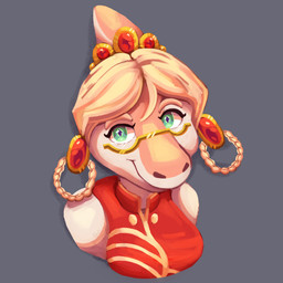anthro blonde_hair bone_frill breasts clothed clothed_anthro clothed_female clothing crown dress ear_piercing ear_ring eyewear female frill_(anatomy) front_view glasses green_eyes grey_background hair happy headgear looking_at_viewer non-mammal_breasts piercing red_clothing red_dress ring_piercing simple_background smile solo text tiara bookbin goodbye_volcano_high ko_op_(game_developer) naomi_(gvh) dinosaur hadrosaurid ornithischian ornithopod parasaurolophus prehistoric_species reptile scalie 1:1 artist_name bust_portrait colored hi_res icon portrait shaded watermark