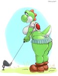 anthro big_breasts big_butt black_eyes blue_background blue_clothing blue_thong blue_underwear bottomwear breasts brown_clothing brown_footwear brown_shoes butt clothed clothing eyelashes female footwear golf_ball golf_club green_body green_bottomwear green_clothing green_scales green_skirt holding_golf_club huge_butt miniskirt non-mammal_breasts pattern_clothing pattern_thong pattern_underwear red_shell scales shell shoes simple_background skirt solo striped_clothing striped_thong striped_underwear stripes thick_thighs thong topwear underwear white_background white_body white_clothing white_scales white_thong white_topwear white_underwear wide_hips haloluli mario_bros mario_golf nintendo yoshi_(character) yoshi hi_res