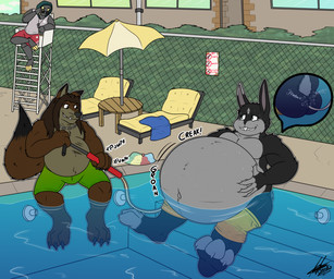 3_toes anthro belly bicycle_pump big_belly big_feet black_body black_claws black_fur bodily_fluids brown_body brown_eyes brown_fur brown_hair claws clothed clothing duo eyeliner fangs feet fur green_clothing green_swimwear grey_body grey_fur grin hair hose hose_in_butt hose_inflation inflation long_hair makeup male male/male multicolored_body multicolored_fur musclegut muscular navel onomatopoeia orange_clothing orange_swimwear overweight overweight_anthro overweight_male pecs pumping smile sound_effects summer sweat swimming_pool swimming_trunks swimwear teeth text toes topless topless_anthro topless_male two_tone_body underbite whiskers white_sclera dreykodrak aaron_(dreykodrak) hyke_(hykewolffen) hykewolffen canid canine canis lagomorph leporid mammal rabbit wolf digital_drawing_(artwork) digital_media_(artwork) full-length_portrait hi_res portrait