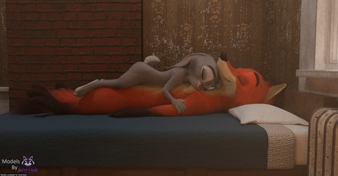 3_toes 4_fingers anthro bed black_nose countershading duo eyes_closed feet female fingers fur furniture gloves_(marking) grey_body grey_fur inside laying_on_partner lying male male/female markings nude on_back orange_body orange_fur pillow pink_body romantic side_view sleeping smile text toes rasterraccoon disney zootopia judy_hopps nick_wilde canid canine european_rabbit fox lagomorph leporid mammal oryctolagus rabbit red_fox true_fox 3d_(artwork) absurd_res blender_(artwork) blender_cycles_(artwork) digital_media_(artwork) english_text hi_res watermark
