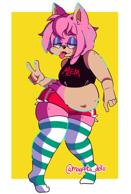 anthro belly belly_overhang biped blep blue_eyes bottomwear breasts clothed clothing crop_top deep_navel female footwear gesture glistening_eyelids hair hand_gesture hotpants knock-kneed legwear lidded_eyes navel overweight overweight_anthro overweight_female pattern_clothing pattern_legwear pattern_thigh_highs pear-shaped_figure pink_hair potbelly shirt shorts simple_background small_breasts socks solo standing striped_clothing striped_legwear striped_thigh_highs stripes tan_body text text_on_clothing text_on_shirt text_on_topwear thick_thighs thigh_highs thigh_socks tongue tongue_out topwear v_sign wide_hips yellow_background pink_poison67 sega sonic_the_hedgehog_(series) amy_rose eulipotyphlan hedgehog mammal 2020 absurd_res digital_drawing_(artwork) digital_media_(artwork) full-length_portrait hi_res portrait signature