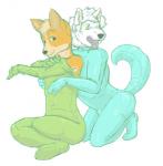 anthro bodysuit clothing duo male male/male simple_background skinsuit spandex tight_clothing white_background zentai rudethefox canid canine canis domestic_dog herding_dog mammal pastoral_dog welsh_corgi wolf