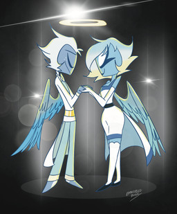 back_wings blue_body blue_hair blue_skin bow_tie clothing dress duo eyes_closed feathered_wings feathers female hair halo hand_holding jacket legwear lens_flare male male/female smile thigh_highs topwear white_hair wings emositecc hellaverse helluva_boss millie_(helluva_boss) moxxie_(helluva_boss) angel angel_humanoid humanoid colored hi_res